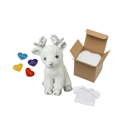White plush reindeer toy with accessories on a white background